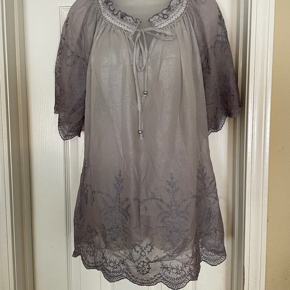 Jannie & Marlis SHEER grey BOHO TOP with  EMBROIDERY, size L - Picture 1 of 6
